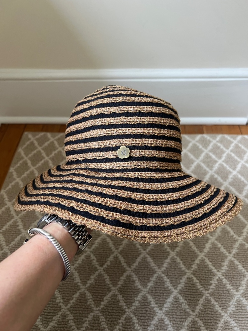 Eric Javits Summer Hat Natural and Black Stripe One Size